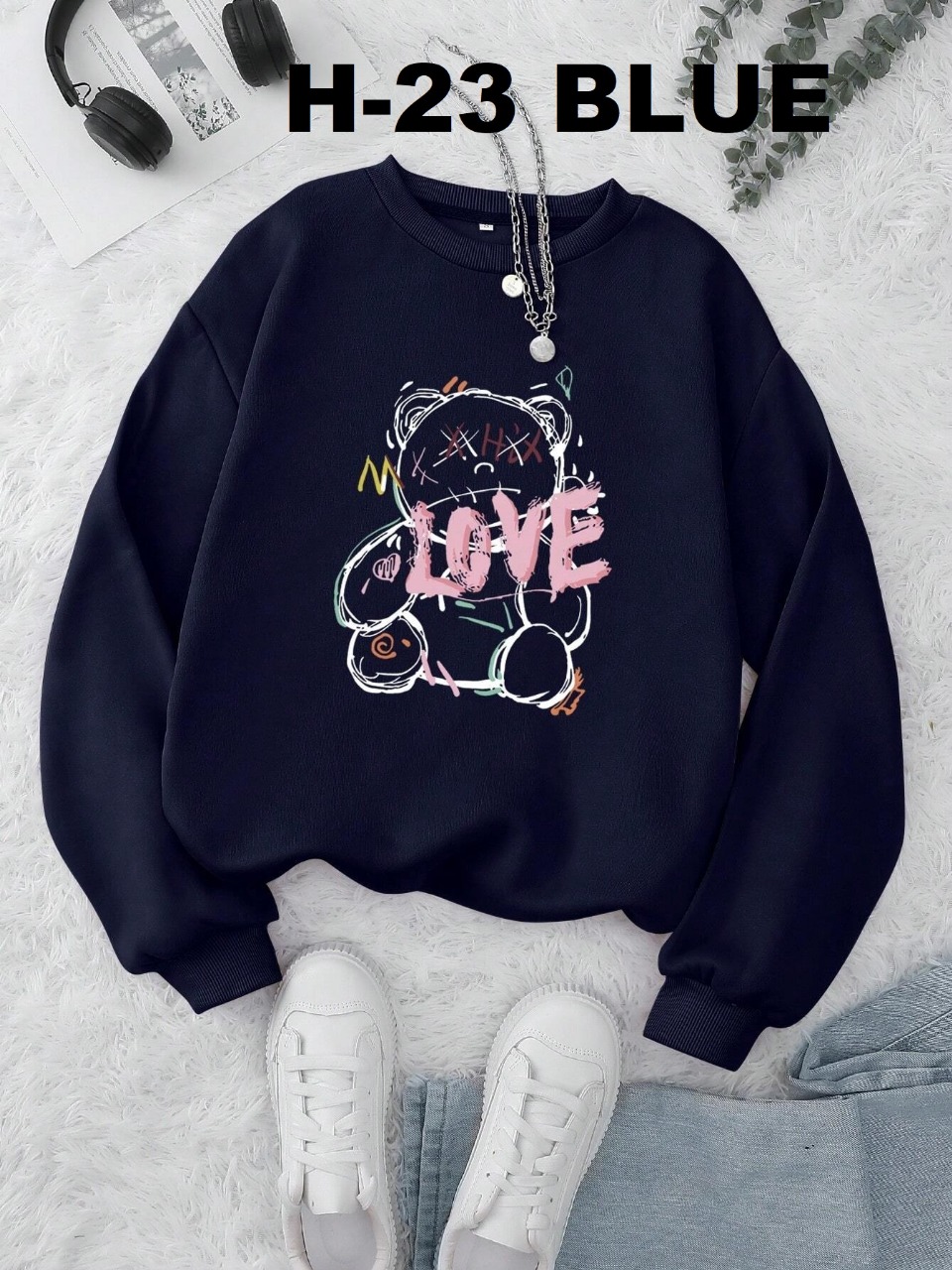 Cute Teddy Print Blue Sweatshirt - Image 3