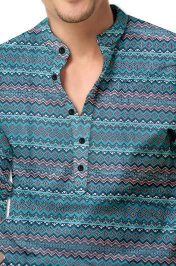 Men's Printed Spread Collar Casual Shirt Blue - Image 2