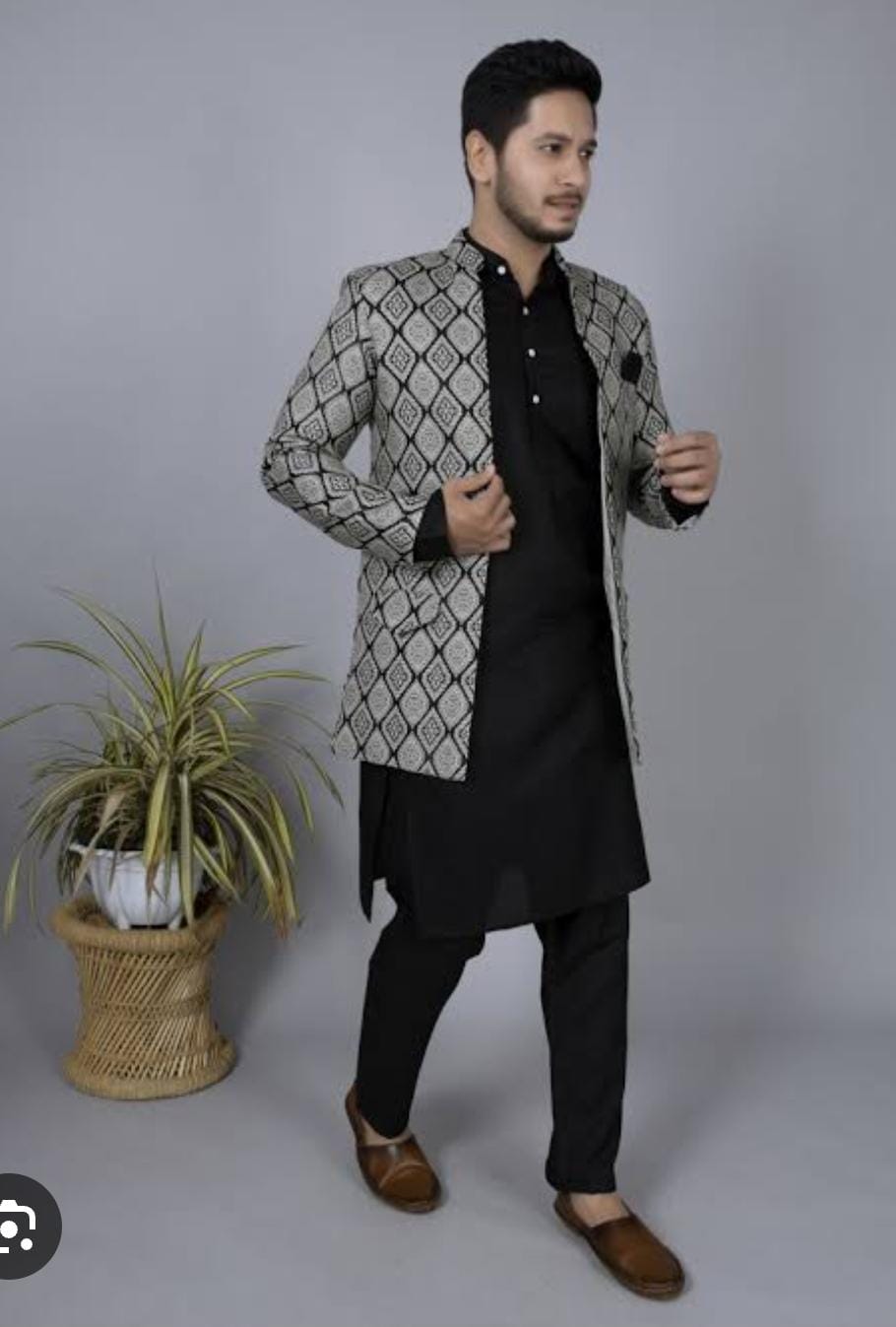Men’s Ethnic Printed Blazer | Premium Designer Charcoal Grey Nehru Jacket - Image 3