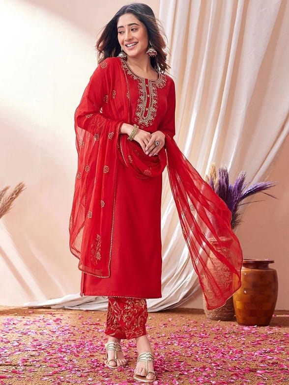 Cotton Kurta Set with Dupatta – Red Embroidered Ethnic Wear - Image 2