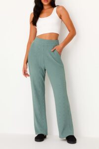 Sage Green Ribbed Wide-Leg Lounge Pants